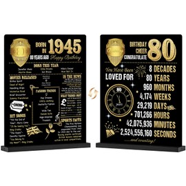 Benjia 80th Birthday Table Sign with Stand Happy 80 Years Old Birthday Signs Holder Table Display Born in 1945 UK Acrylic Poster Bday Gift Party Supply Home Decor For Men Women 20x25 cm Black Gold