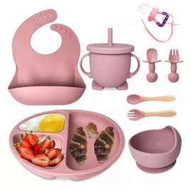 LMKB Platos para Niños Juego de Platos y Cubiertos para Niños de Silicona, Set de 8 Piezas Libres de BPA,Incluye Babero, Plato (Rosa-9 piezas)