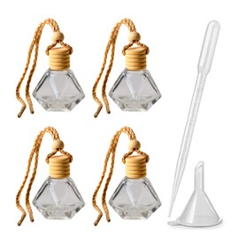 4pcs 8ml Refillable Car Hanging Glass Perfume Bottle Diamond Shaped Pendant Perfume Aromatherapy Bottle Hanging Diffuser Bottle Air Fresher Ornament Vials & 1 Plastic Funnel and 1 Plastic 3ml Dropper