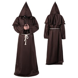 Medieval Renaissance Monk Friar Priest Wizard Cloak Hooded Robe Cosplay Belt Necklace Set Brown Medium
