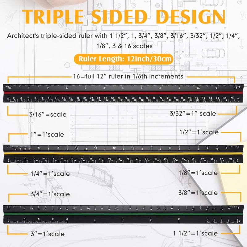 Macarrie 10 Pcs Architectural Scale Triangular Ruler 12" Architect Engineers