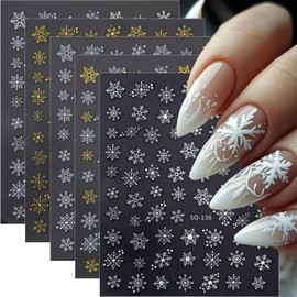 5 Sheets Snowflake Nail Art Stickers Decals Christmas Nail Stickers Self Adhesive Gold Silver White Snow Design Winter Nail Decals Christmas Nails Decoration Supplies for Women Holiday Manicure