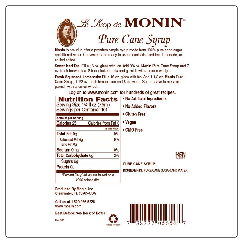 Monin - Pure Cane Syrup with Monin BPA Free Pump,