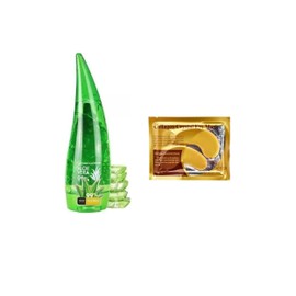 Gel Sábila de Aloe Vera 99% 120ml + 1 Par De Mascarilla De Colageno Para Ojeras Base De Oro 24k, Hidratante Facial y Corporal, Calmante Natural, Hidratacion Facial Piel Blanqueamiento, Elimina Irritación, Efecto Curativo Elimina Acne y Mejora Apariencia 