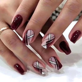 WAFOLOZE Medium Press On Nails, Acrylic Nail Press ons Medium Square Press On Nails Artificial Fake Nails Liquor Red False Nails with Glitter Line Press ons Design Stick on Nails for Women 24Pcs