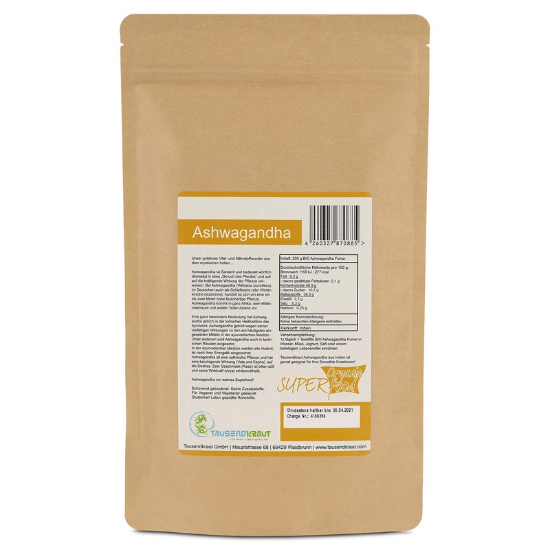 Ashwagandha Powder Organic (200 g) Superfood [Withania Somnifera, Ayurveda] Thousandwort