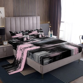 Abstract Pink and Black Sheets with Deep Pocket Fitted Sheet Queen, Geometric Artistic Smear Sheet Set Abstract Graffiti Art Bed Sheets Set Contemporary Modern Brush Design Bedding Set Queen Size