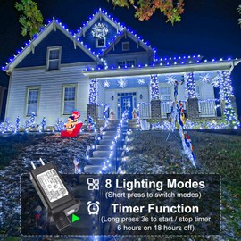 100FT Christmas Lights, Blue and White 300 LED Christmas String Lights with 8 Modes Waterproof, Connectable Green Wire Twinkle Fairy Lights for Outdoor Indoor Bedroom Patio Party Decorations