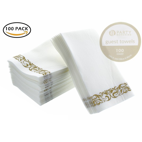 PARTY BARGAINS Disposable Linen-feel Paper Guest Towels - (100 Pack) 13" x 16" White w/ Gold Print Cloth-like Paper Hand Towels for Bathroom, Soft, Durable Paper Napkins for Dinner, Wedding & Party
