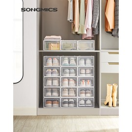 SONGMICS Shoe Boxes, Pack of 18 Shoe Storage Organizers, Stackable Clear Plastic Boxes for Closet, Sneakers, 9.1 x 13.1 x 5.6 Inches, Fit up to US Size 11, Transparent and White ULSP18SWT