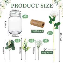 Yuxung 43 Pcs/ 6 Set Rose Mason Jar Table Centerpiece Mason Jar Vases Faux Floral with Rope Boho Rustic Flower Table Decoration for Reception Engagement Party Bridal Shower Wedding