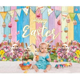 Spring Easter Backdrop Colorful Wooden Wall Bunny Colorful Eggs Photography Background Happy Easter Background Easter Party Decorations Banner (8x6FT（240x180cm）)