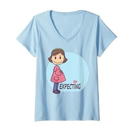 Womens Expecting Cartoon Character In Pink Dress For Kids V-Neck T-Shirt