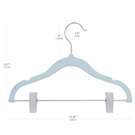 ManGotree 11.8'' Baby Velvet Hangers with Movable Clips, Non-Slip Kids Clothes Hangers, Ultra-Thin Space-Saving Children's Felt Hangers for Shirts, Pants, Dresses, Skirts, Jackets (16 Pack, Blue)