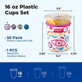 Fit Meal Prep 50 Pack 16 oz Plastic Cups with Lids and Sleeve, Disposable Clear Iced Coffee Cups for 16-18 oz Cups Cold Drinks Smoothie Juice Soda, Pink