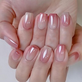 BFY Valentines Day Press on Nails Medium Square Fake Nails, Pink Gradient Acrylic Nails Set Stick Glue on Nails, Pearl Chrome Glossy False Nails Nail Accessories Decorations 24 Pcs