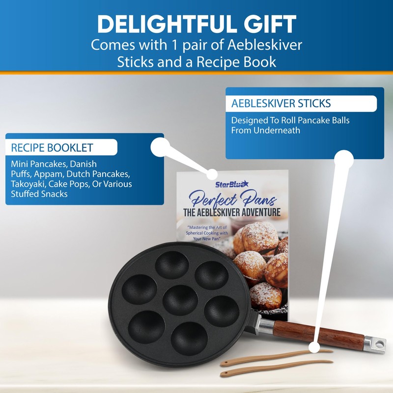 StarBlue 7-Hole Cast Iron Aebleskiver Pan Detachable Wooden Handle, Pre-Seasoned,