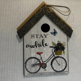 Home Decor “Stay Awhile” Tin Roof Wood Hanging Sign with Metal Loop Hanger BIKE BUTTERFLY