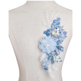 NICENEEDED Flower Lace Applique, 3D Lace Beaded Sew on Patches, Floral Sequins Embroidered Appliques Polyester Lace Pearl Embroidery Patch Fabric Sewing Trim for Clothes Dress