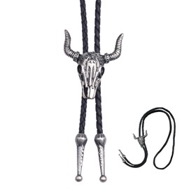 Bolo Tie,Mens Leather Necklace Antique Silver Alloys Cow Head Pendant,Adjustable Vintage Necklaces,Western Rodeo Theme Leather Rope Necklace,Unisex Wild West Theme Cowboy Accessories for Men,Women