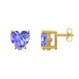 Solid Sterling Silver Gold Plated 5mm Heart Shaped 1.45 CT Tanzanite Cubic Zirconia Stud Earrings, High Polished CZ Earrings with Push backs