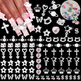 ZAKCBEAUR 80Pcs Silver Nail Charms Set with Pink Hearts，Crosses, Stars,Butterflies, Dollars, Cherries, Crowns,Lollipop Y2k Nail Gems for Women Girls Nail Decorations DIY Craft