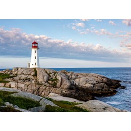Loccor 7x5ft Fabric Peggy's Cove Lighthouse Backdrop Seaside Rock Blue Ocean Scene Cloud Sky Travel Photography Background Kids Adults Party Decoration Portrait Photo Studio Props