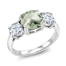 Gem Stone King 3.55 Cttw Green Prasiolite and White Zirconia 3-Stone Engagement Ring For Women | 925 Sterling Silver | Cushion 8MM | 3 Stone Wedding Engagement Anniversary Ring For Women (Size 6)