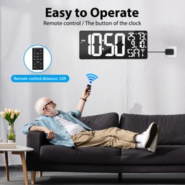 Xflyee 18 Inch Oversized Digital Wall Clock with Remote Control, Auto-Dimming, Temperature, Date/Day of Week, Large Display, Multi-Functional, White