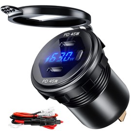 GOBGOD Dual USB C Car Charger Socket 12V/24V USB Outlet, 45W PD Type C Car Dual USB Port Fast Charger with LED Voltmeter & Button Switch DIY Car Socket for Car Boat Marine Bus Truck RV Motorcycle