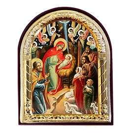 Nativity Scene Christmas Icon Catholic Orthodox Christian Icon, Religious Gift, Arched Icon With Stand and Wall Hanging 4 1/16 Inch, Christmas Decoration Gift