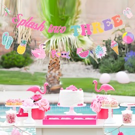 Fangleland Splash Into Three Birthday Banner Garland, Hawaii Tropical Summer Pool Theme 3rd Bday Party Decor Supplies for Girls Women