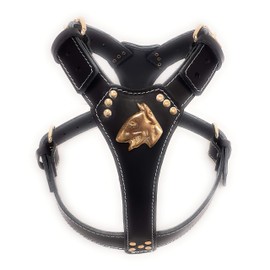 Black Leather Dog Harness with Brass English Bull Terrier Head Motif