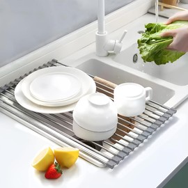 Sonngnn Foldable Dish Drying Rack - Stainless Steel Over Sink Rack (16.9" x 11", Gray)