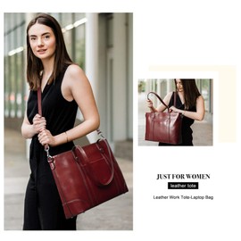 S-ZONE Leather Tote Bag for Women Office Shoulder Handbag 15.6 Inch Work Laptop Briefcase (Wine Red)