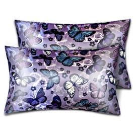 Satin Pillowcase for Hair and Skin, Soft Satin Pillow Cases Queen Size Pack of 2, Cooling Silk Satin Pillowcase Set with Envelope Closure (20’’x30’’, Purple, Butterflies & Flower)