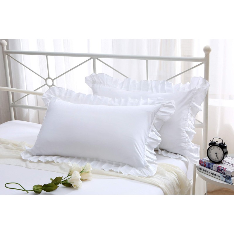 Ruffles Pillow Cases Shams Covers White Queen Size 2 Pack
