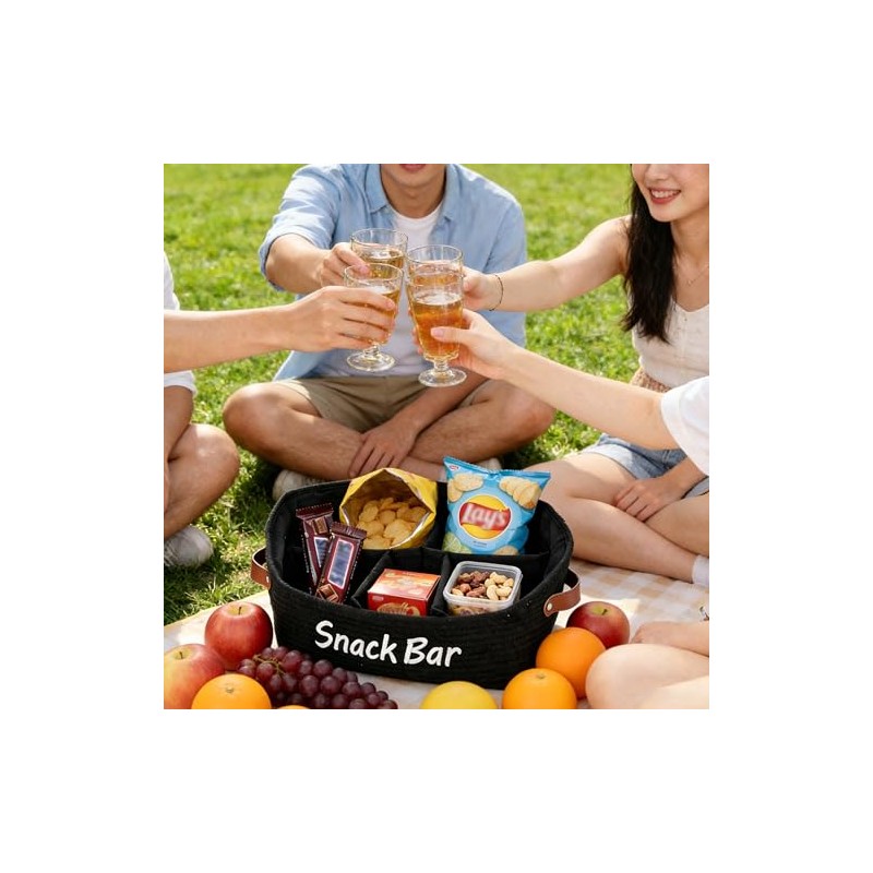 Fabric Snack Organiser with Handles and 5 Compartments in Black
