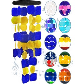 Bellaa Wind Chimes for Outside Capiz Sea Glass Shells 27 inch Outdoor Windchimes Garden Patio Yard Lawn Unique Gifts Mom Grandma Sympathy Memorial Remembrance (Blue Yellow Flower Round Square)