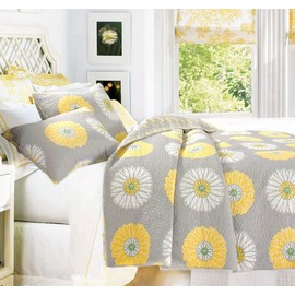 [White & Yellow Sunflower] Hypoallergenic Polyester Microfiber 3 Piece Quilt Set Bedroom Quilt Bedding Full/Queen Size Gray