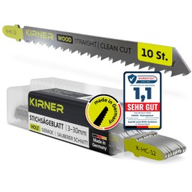 KIRNER Jigsaw Blades Wood Pack of 10 [Up to 5x More Cuts] Extremely Fine & Straight Cut (3-30 mm) in Wood and Plastic - for All T-Shank Jigsaws - Fine Cut Saw Blade