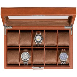 ROTHWELL 10 Slot Leather Watch Box - Luxury Case Display Jewelry Organizer - Locking Watch Display Case Holder with Large Glass Top - Box Organizer for Men and Women (Tan/Brown)