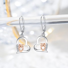 Owls/Horse/Raccoon/Fox/Cat Earrings 925 Sterling Silver Heart Earrings Hanging Earrings Rose Gold/Black Owls Jewellery Gift Hypoallergenic Earrings for Girls Women Children, Sterling Silver