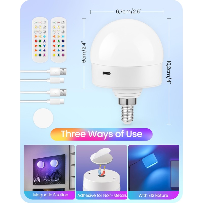 GOEBLESON Rechargeable Light Bulbs with Remote Control, 2 Pack E12