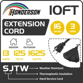HONDERSON 10FT Outdoor Extension Cord with 3 Outlets - 16/3 SJTW Durable Black Extension Cord for Christmas Lights with 3 Prong Grounded Plug for Safety, Great for Outdoor Christmas Decorations