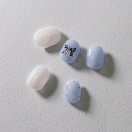 [Design Nail Tips] Blue Ribbon - Short Ballet / [디자인 네일팁] 블루 리본 - 숏발레