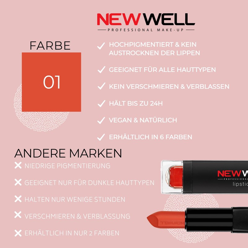 NEW WELL Matte Lipstick, Colour-Intensive, Comfortable to Use, Lasts 24