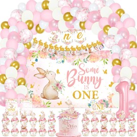 LXlucktim Some Bunny Is One Birthday Party Supplies, 154 Pcs Bunny Party Decorations for Boys Girls Baby - Backdrop, Photo Banners, Cupcakes Wrappers, Balloons, Highchair Banner, Crown and Poster