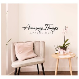 Amazing Things Happens Here Wall Decal | 27" x 7" | Black Matte | Office Wall Decor - Inspirational Office quotes - Home Office Decor - School hallway Wall Art, Modern Church, Waiting room Vinyl Wall Decor