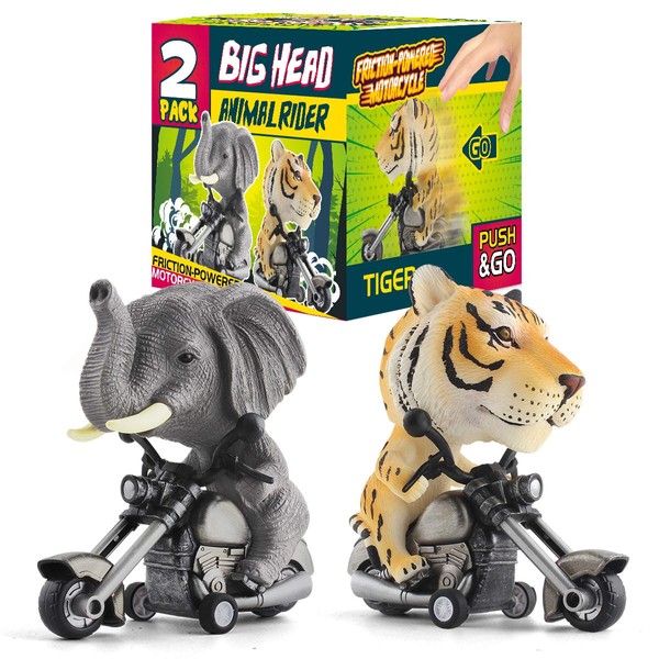 DINOBROS Tiger and Elephant Toys for Kids Toddlers 3-7 Years Old 2 Pack Friction Animal Motorcycle Car Toys for Boys and Girls